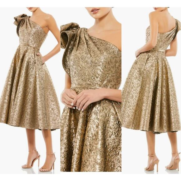 Mac Duggal | Dresses | Mac Duggal Gold Oneshoulder Metallic Brocade 4 Midi  Cocktail Dress 6796 New | Poshmark